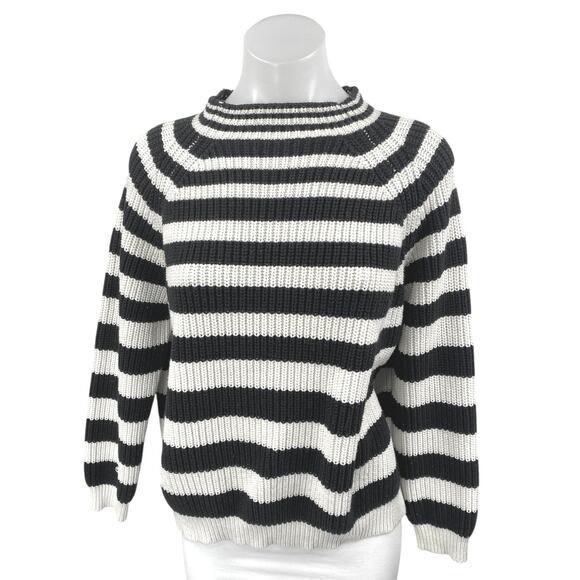 MNG Mango Women's Black White Striped Knit Long Sleeve Mock Neck Sweater Top L - Picture 1 of 3